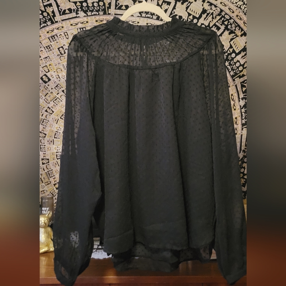 LOFT Black Polka Dot Shirred Ruffle Neck Blouse